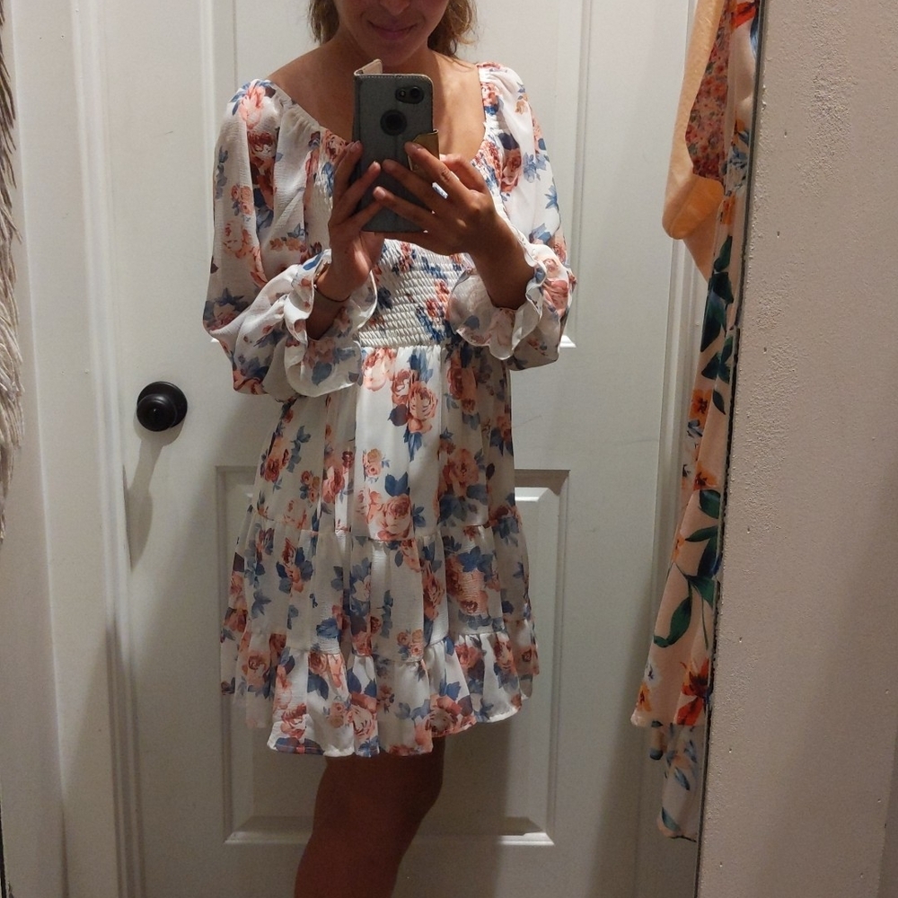 Peach Love California Pink and Blue Ruched Sundress with Bishop Sleeves